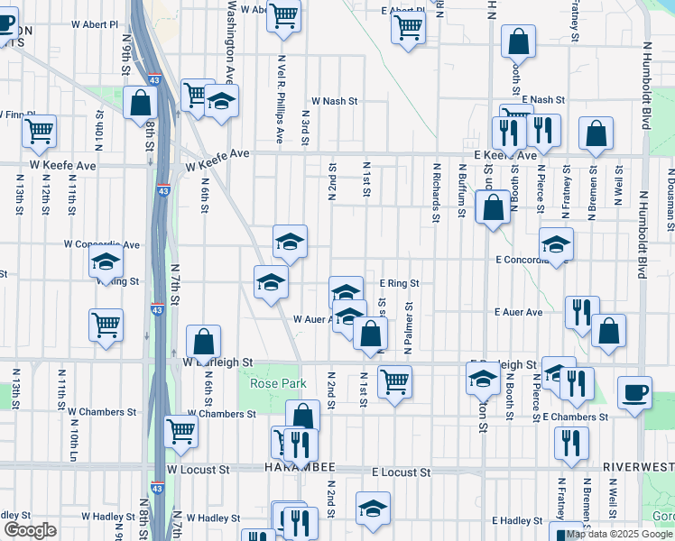 map of restaurants, bars, coffee shops, grocery stores, and more near in Milwaukee