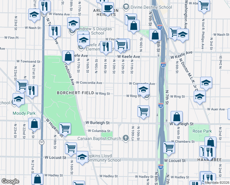 map of restaurants, bars, coffee shops, grocery stores, and more near 3282-3284 North 13th Street in Milwaukee