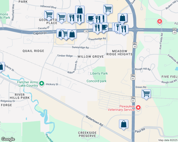 map of restaurants, bars, coffee shops, grocery stores, and more near 1336 Meadowcreek Drive in Pewaukee