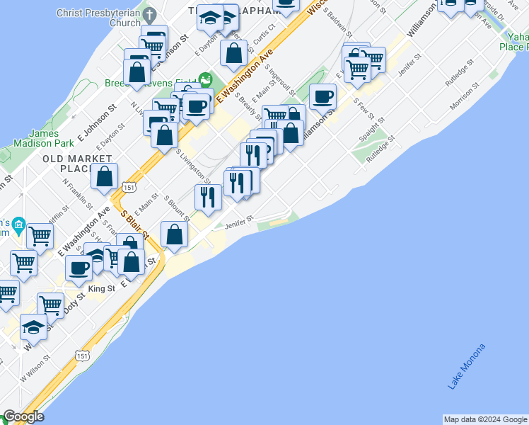 map of restaurants, bars, coffee shops, grocery stores, and more near 821 Williamson Street in Madison