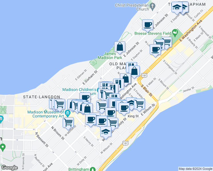 map of restaurants, bars, coffee shops, grocery stores, and more near in Madison