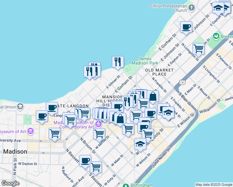 map of restaurants, bars, coffee shops, grocery stores, and more near in Madison