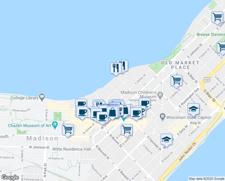 map of restaurants, bars, coffee shops, grocery stores, and more near 22 Langdon Street in Madison