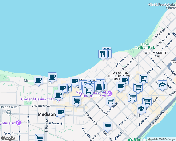 map of restaurants, bars, coffee shops, grocery stores, and more near 130 Langdon Street in Madison
