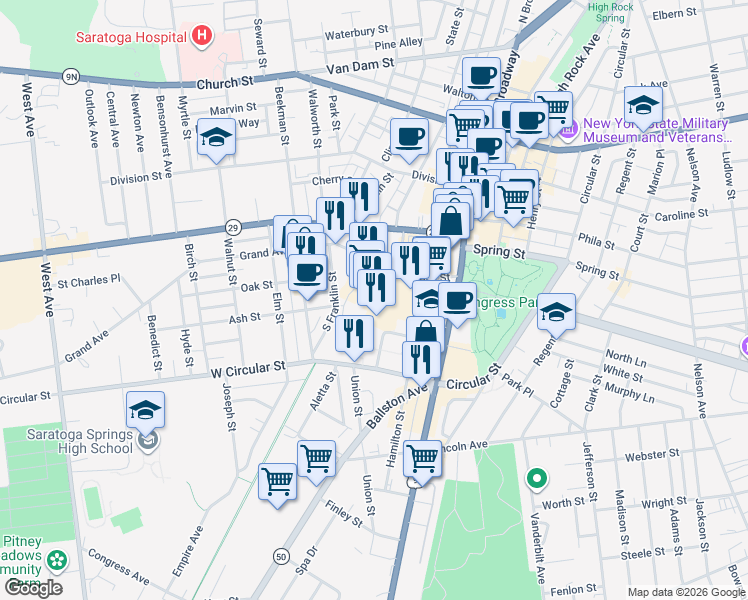 map of restaurants, bars, coffee shops, grocery stores, and more near 46 Congress Street in Saratoga Springs