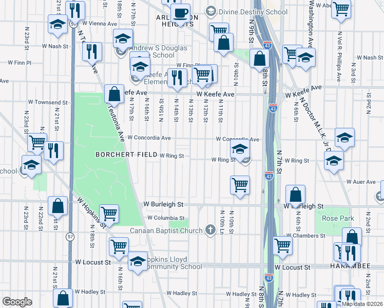 map of restaurants, bars, coffee shops, grocery stores, and more near 3282-3284 North 13th Street in Milwaukee