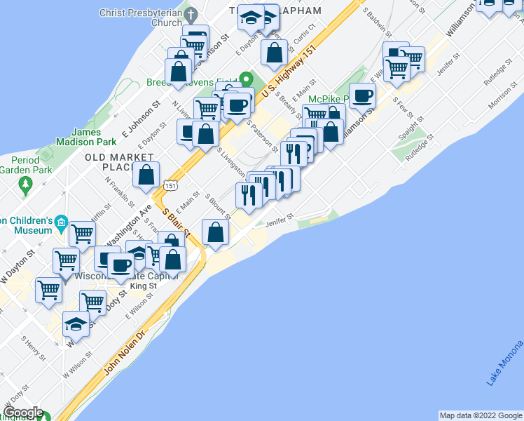 map of restaurants, bars, coffee shops, grocery stores, and more near 804 Williamson Street in Madison