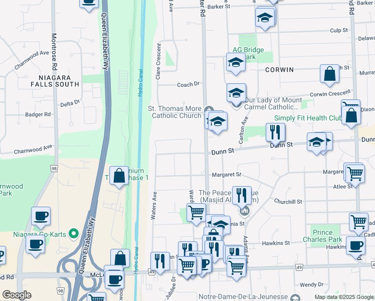 map of restaurants, bars, coffee shops, grocery stores, and more near 6991 Dunn Street in Niagara Falls