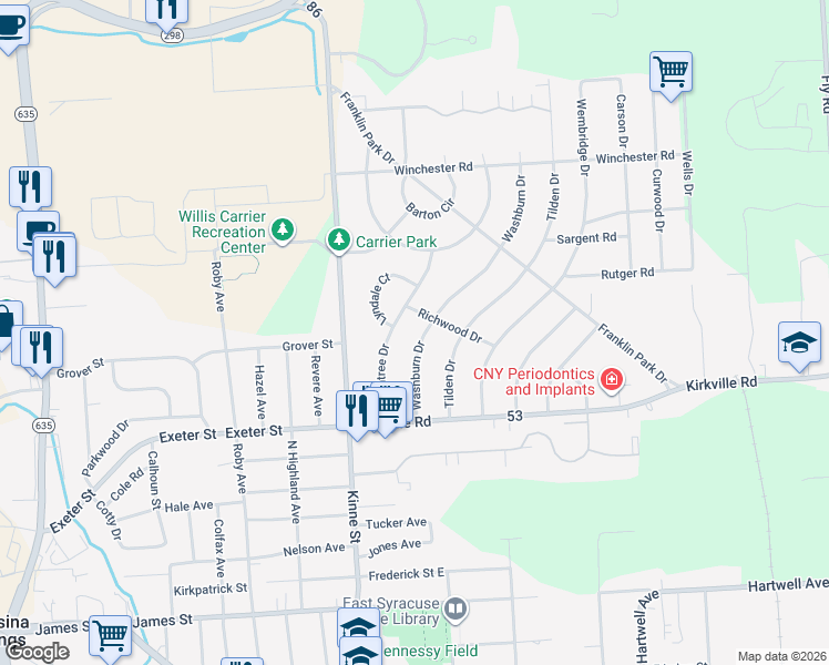 map of restaurants, bars, coffee shops, grocery stores, and more near 204 Greentree Drive in East Syracuse