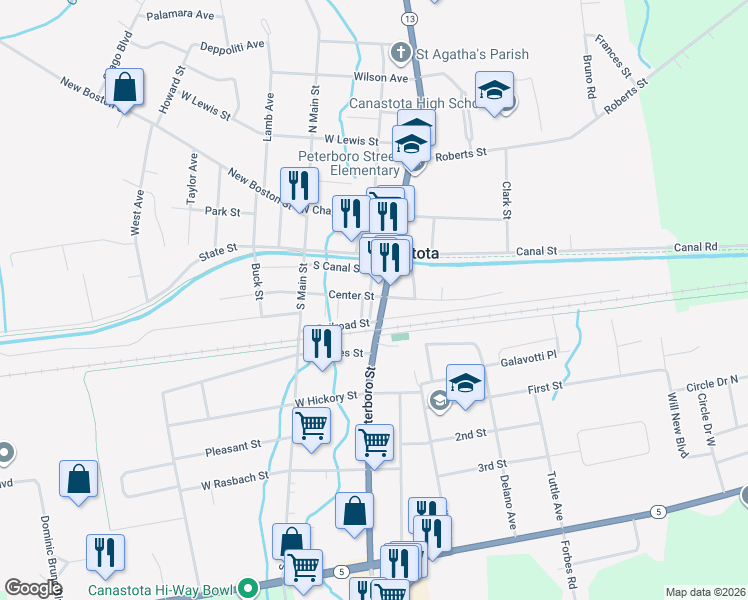 map of restaurants, bars, coffee shops, grocery stores, and more near 135 South Peterboro Street in Canastota