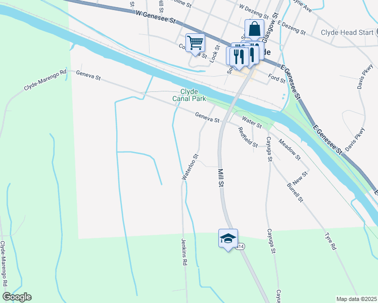 map of restaurants, bars, coffee shops, grocery stores, and more near 63 Waterloo Street in Clyde