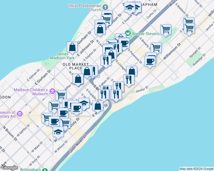 map of restaurants, bars, coffee shops, grocery stores, and more near in Madison