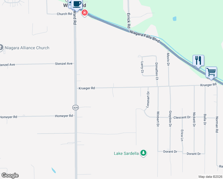 map of restaurants, bars, coffee shops, grocery stores, and more near 2950 Krueger Road in North Tonawanda