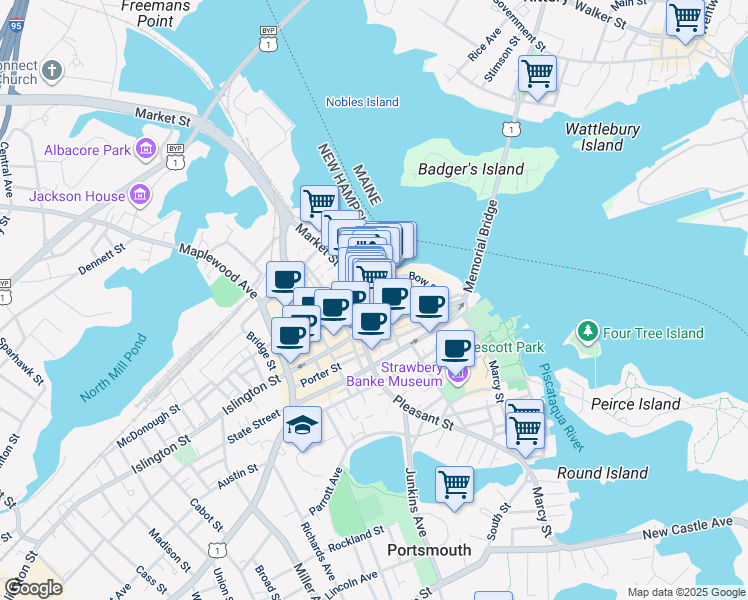 map of restaurants, bars, coffee shops, grocery stores, and more near 128 Penhallow Street in Portsmouth