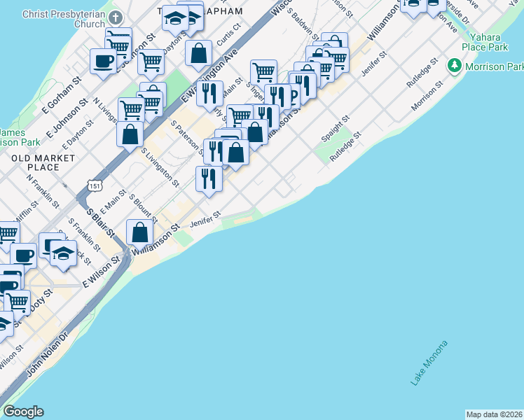 map of restaurants, bars, coffee shops, grocery stores, and more near 921 Spaight Street in Madison