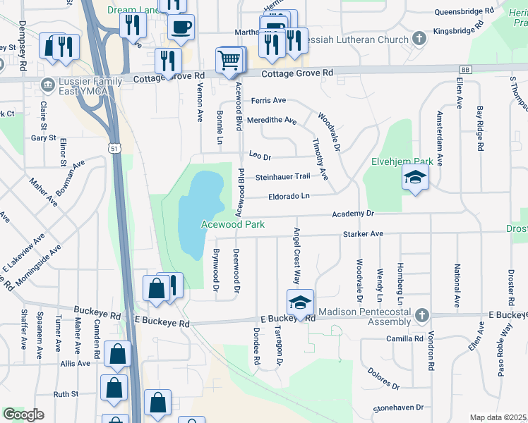 map of restaurants, bars, coffee shops, grocery stores, and more near 4705 Eldorado Lane in Madison