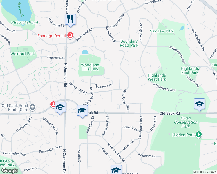 map of restaurants, bars, coffee shops, grocery stores, and more near 14 Stonefield Terrace in Madison