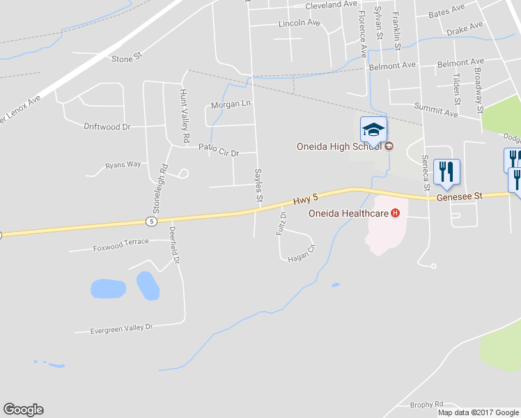 map of restaurants, bars, coffee shops, grocery stores, and more near Genesee Street & Sayles Street in Oneida