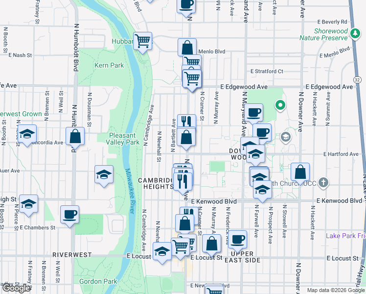 map of restaurants, bars, coffee shops, grocery stores, and more near 3317 North Oakland Avenue in Milwaukee