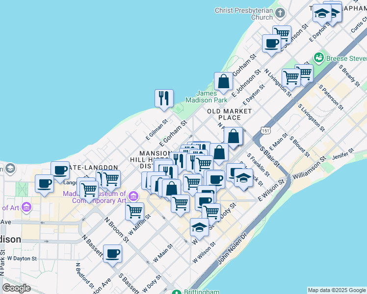 map of restaurants, bars, coffee shops, grocery stores, and more near 121 East Johnson Street in Madison