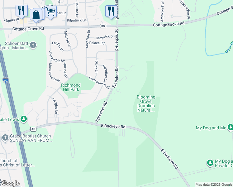 map of restaurants, bars, coffee shops, grocery stores, and more near 4254 Sprecher Road in Madison