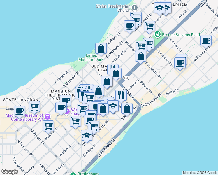 map of restaurants, bars, coffee shops, grocery stores, and more near 8 North Franklin Street in Madison