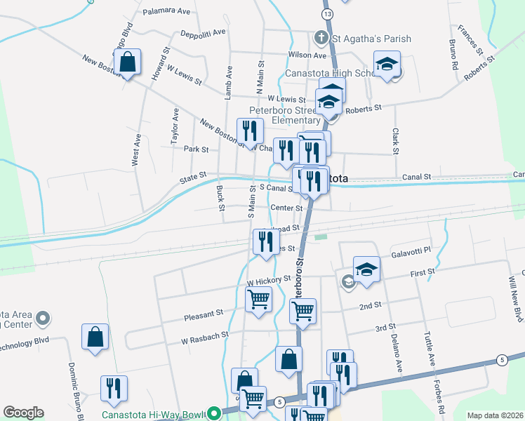 map of restaurants, bars, coffee shops, grocery stores, and more near 148 Center Street in Canastota