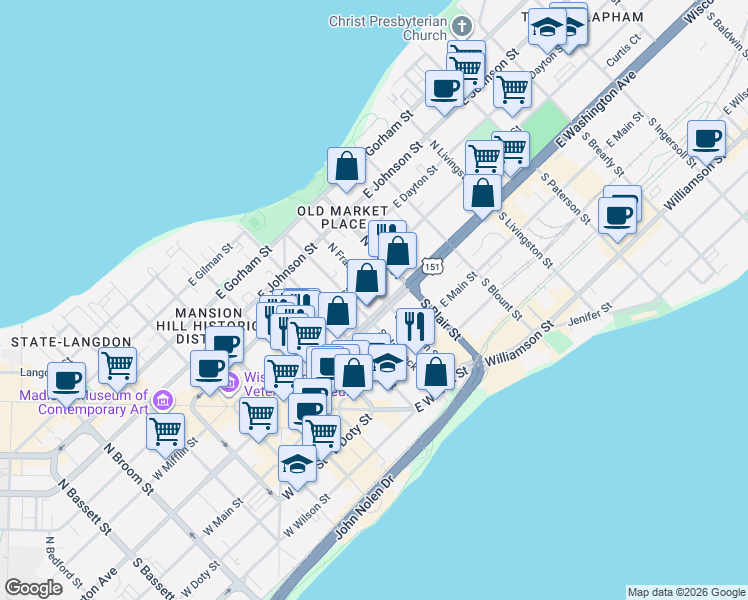 map of restaurants, bars, coffee shops, grocery stores, and more near 8 North Franklin Street in Madison