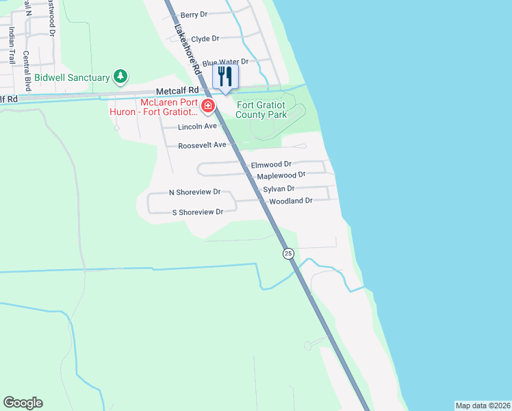 map of restaurants, bars, coffee shops, grocery stores, and more near 5842 Lakeshore Road in Fort Gratiot Township