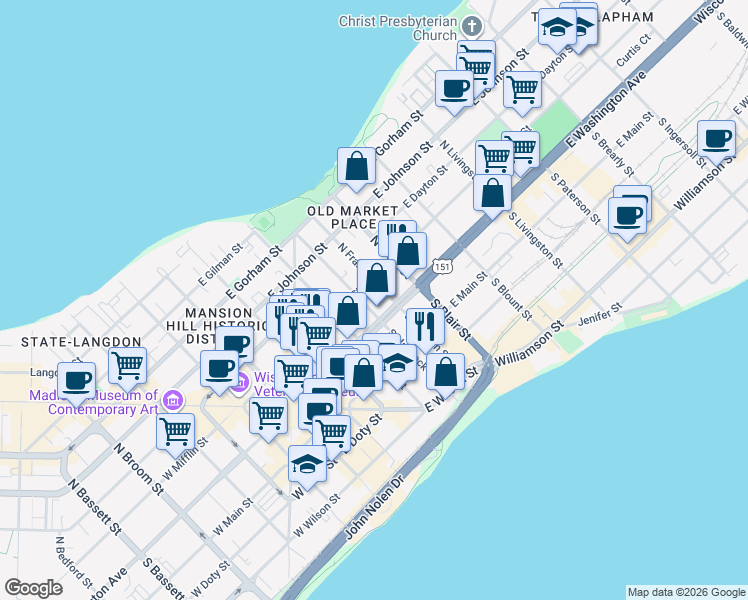 map of restaurants, bars, coffee shops, grocery stores, and more near 15 North Hancock Street in Madison