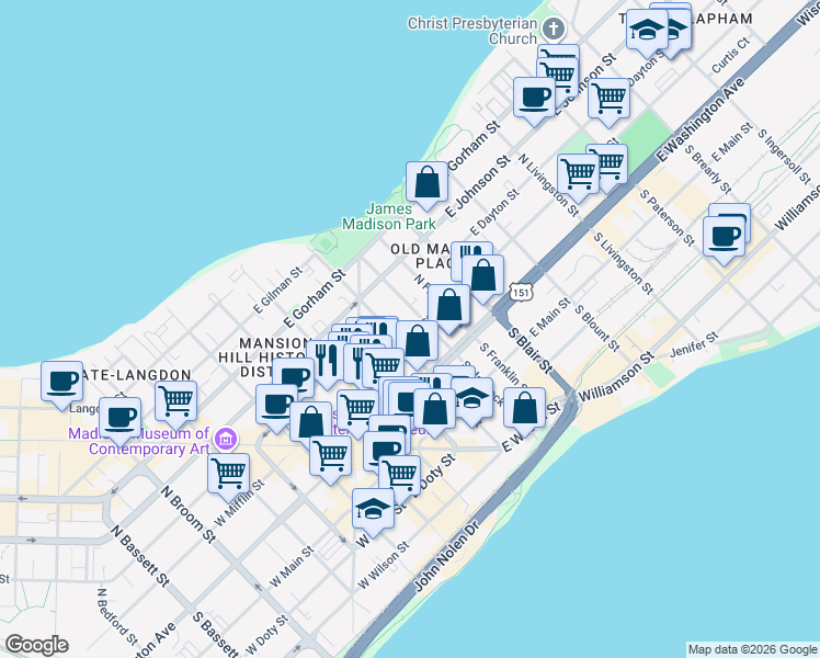 map of restaurants, bars, coffee shops, grocery stores, and more near 314 East Mifflin Street in Madison