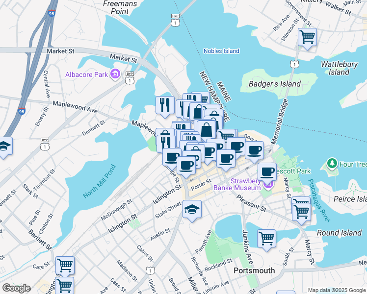 map of restaurants, bars, coffee shops, grocery stores, and more near 34 Portwalk Place in Portsmouth