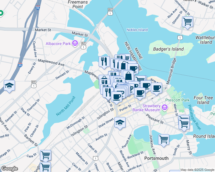 map of restaurants, bars, coffee shops, grocery stores, and more near in Portsmouth