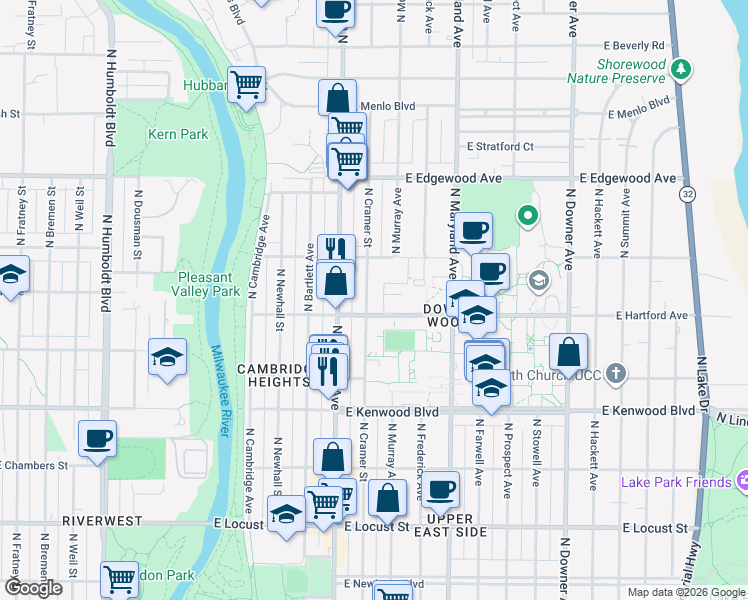 map of restaurants, bars, coffee shops, grocery stores, and more near 3340 North Cramer Street in Milwaukee