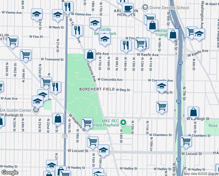 map of restaurants, bars, coffee shops, grocery stores, and more near 3275 North 16th Street in Milwaukee