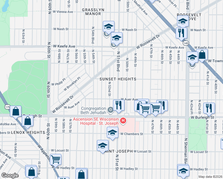 map of restaurants, bars, coffee shops, grocery stores, and more near 3266 North 52nd Street in Milwaukee