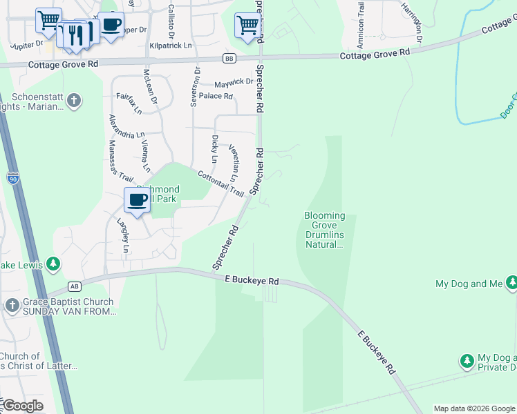 map of restaurants, bars, coffee shops, grocery stores, and more near 4254 Sprecher Road in Madison