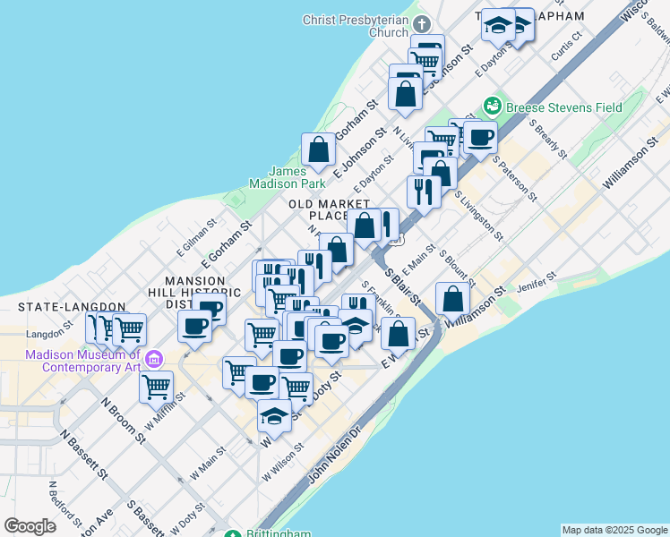 map of restaurants, bars, coffee shops, grocery stores, and more near 20 North Franklin Street in Madison