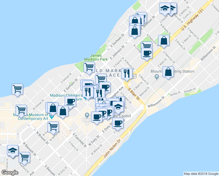 map of restaurants, bars, coffee shops, grocery stores, and more near 20 North Franklin Street in Madison