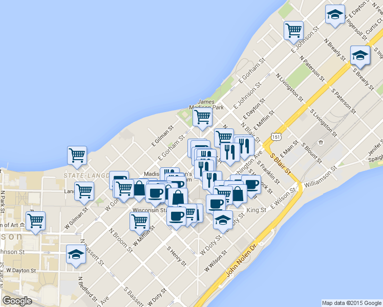 map of restaurants, bars, coffee shops, grocery stores, and more near 134 East Johnson Street in Madison