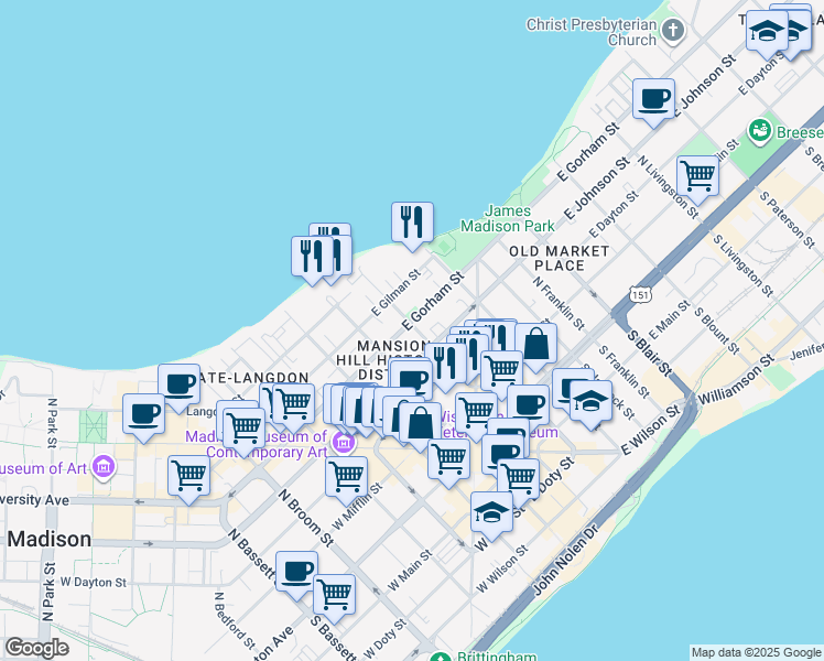 map of restaurants, bars, coffee shops, grocery stores, and more near in Madison