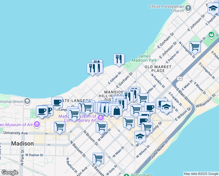 map of restaurants, bars, coffee shops, grocery stores, and more near 11 East Gilman Street in Madison