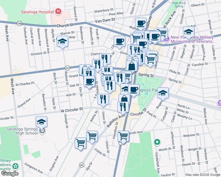 map of restaurants, bars, coffee shops, grocery stores, and more near 46 Congress Street in Saratoga Springs