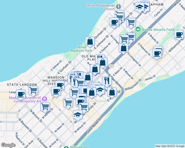 map of restaurants, bars, coffee shops, grocery stores, and more near 19 North Hancock Street in Madison