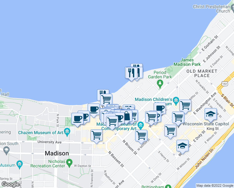 map of restaurants, bars, coffee shops, grocery stores, and more near 130 Langdon Street in Madison