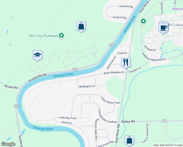 map of restaurants, bars, coffee shops, grocery stores, and more near 130 River Meadow Drive in Rochester