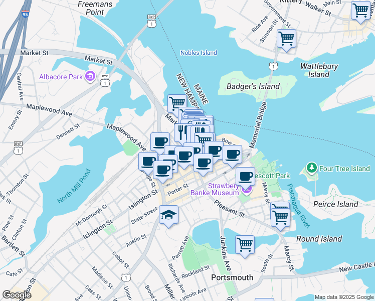 map of restaurants, bars, coffee shops, grocery stores, and more near 99 Hanover Street in Portsmouth