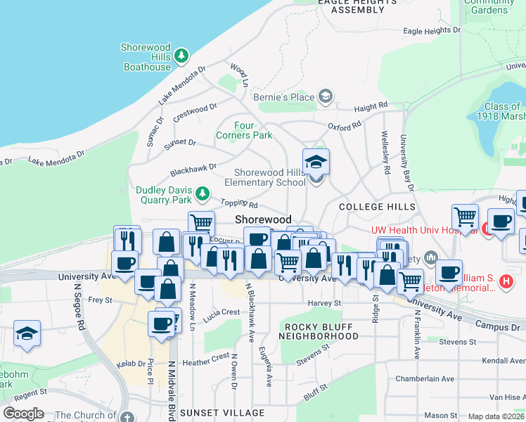 map of restaurants, bars, coffee shops, grocery stores, and more near 3218 Topping Road in Madison