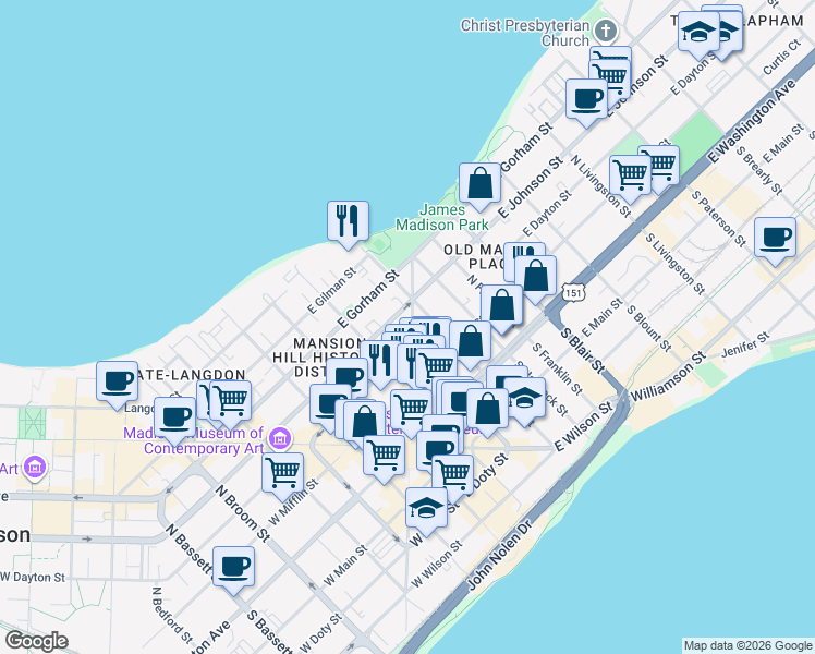 map of restaurants, bars, coffee shops, grocery stores, and more near 202 North Hamilton Street in Madison