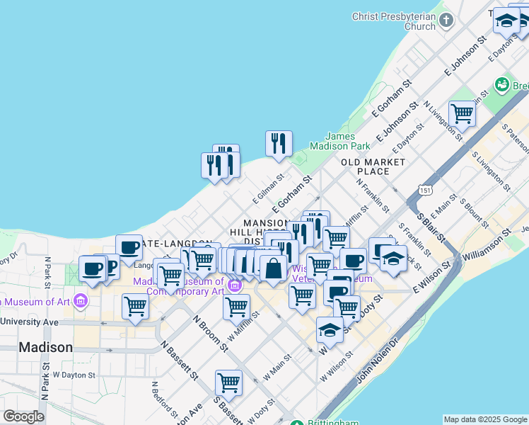 map of restaurants, bars, coffee shops, grocery stores, and more near 16 East Gorham Street in Madison
